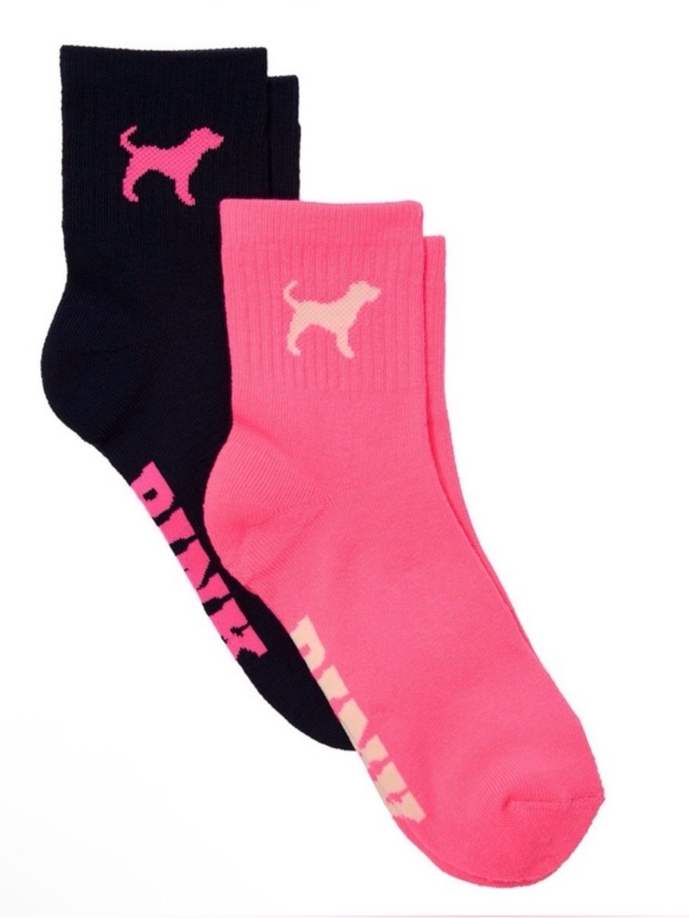PINK Victoria's Secret Pink & Black “Pink Dog” 2-Pack Quarter Socks- New